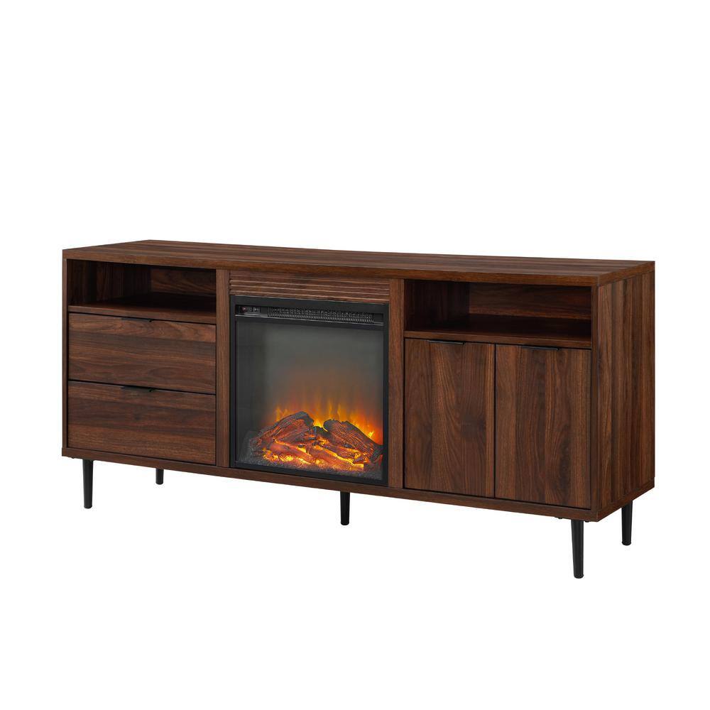 Welwick Designs 60 in. Dark Walnut Composite TV Stand with 2 Drawer Fits TVs Up to 66 in. with Electric Fireplace HD8345