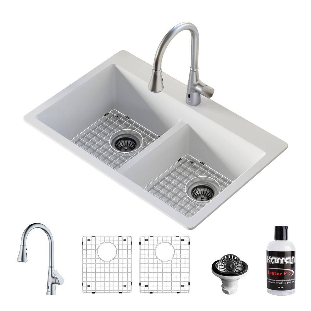 Karran QT- 810 qt. 33 in. 5050 Double Bowl Drop-In Kitchen Sink in White with Faucet in Stainless Steel QT810WHKKF340SS