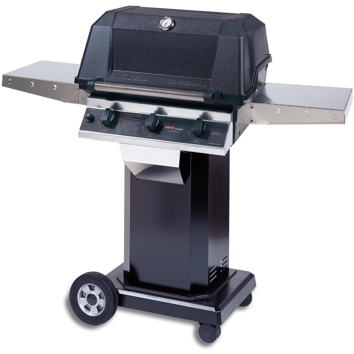 MHP WHRG4DD Hybrid Propane Gas Grill W/ SearMagic Grids On Black Cart