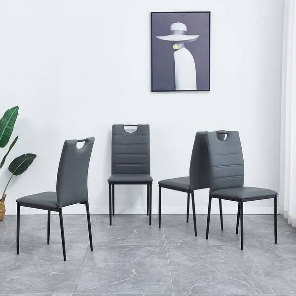 4 Pcs Leather Dining Chairs with Cushion and High Back， Metal Legs