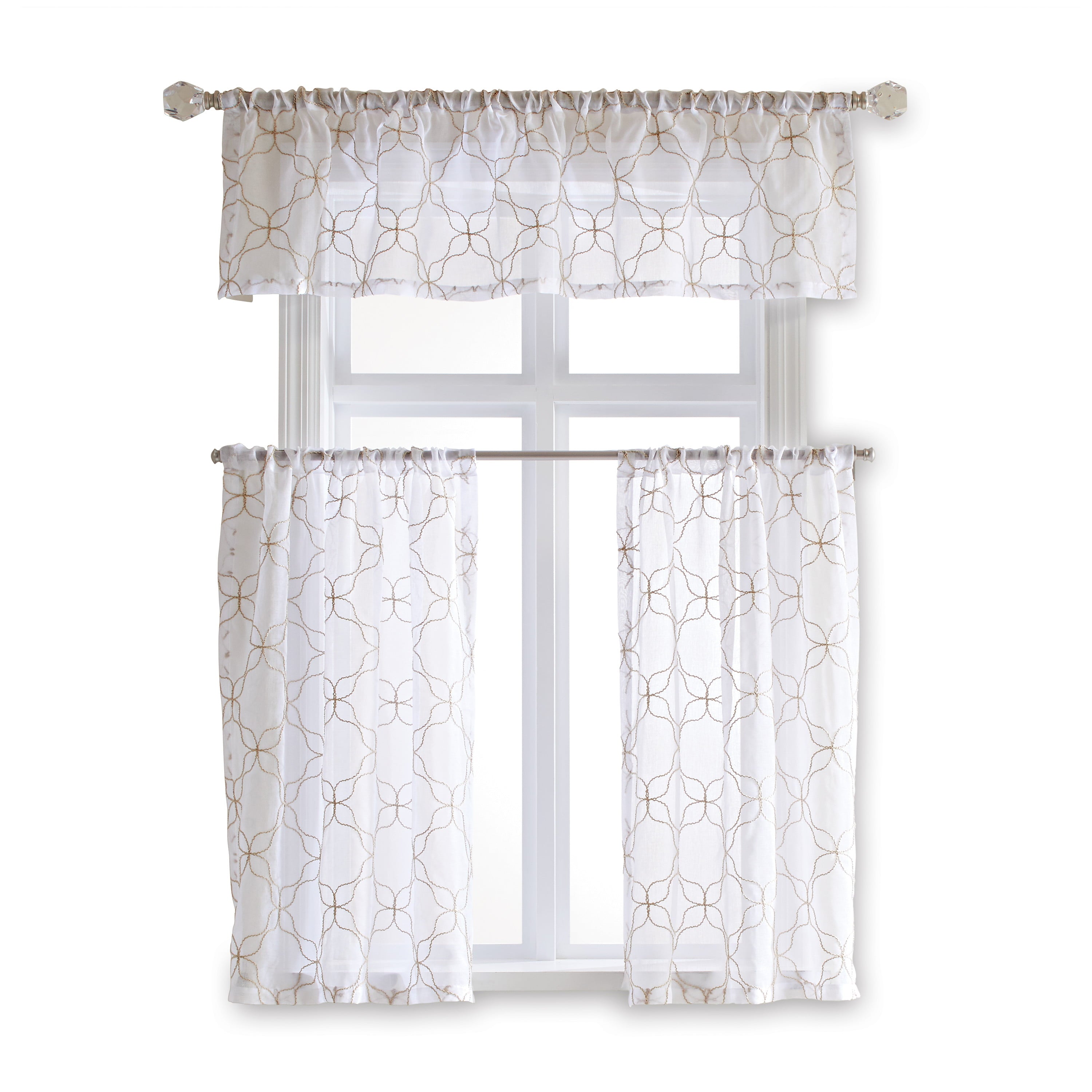 Better Homes & Gardens 3 Piece Sheer Quatrefoil Window Valance and Tier Set, Khaki, 36 x 60