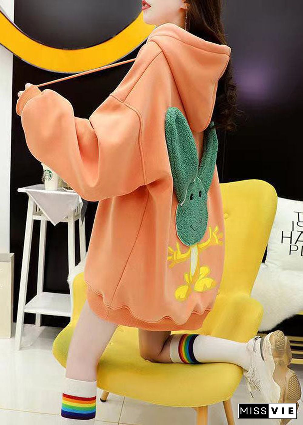 Chic Orange Hooded Graphic Warm Fleece Sweatshirts Tracksuits Winter