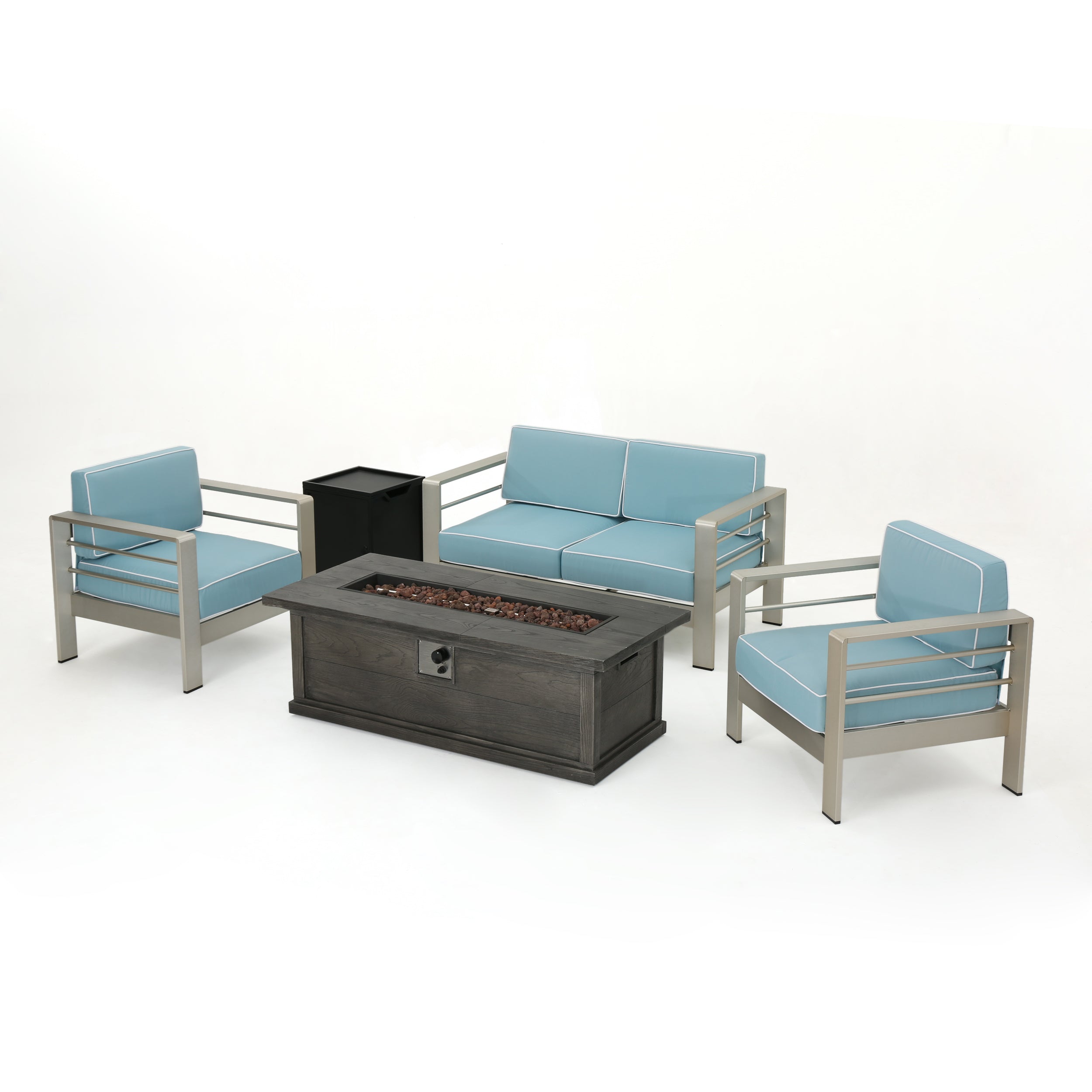 Crested Bay 5 Piece Aluminum Chat Set with Water Resistant Cushions and Fire Pit