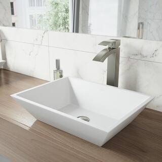 VIGO Vinca Modern White Matte Stone 18 in. L x 14 in. W x 5 in. H Rectangular Vessel Bathroom Sink VG04007