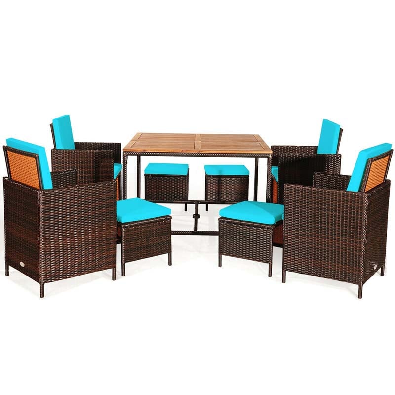 9 Pcs Rattan Wicker Outdoor Patio Dining Set with Acacia Wood Dining table, 4 Ottomans, 4 Cushioned Armchairs