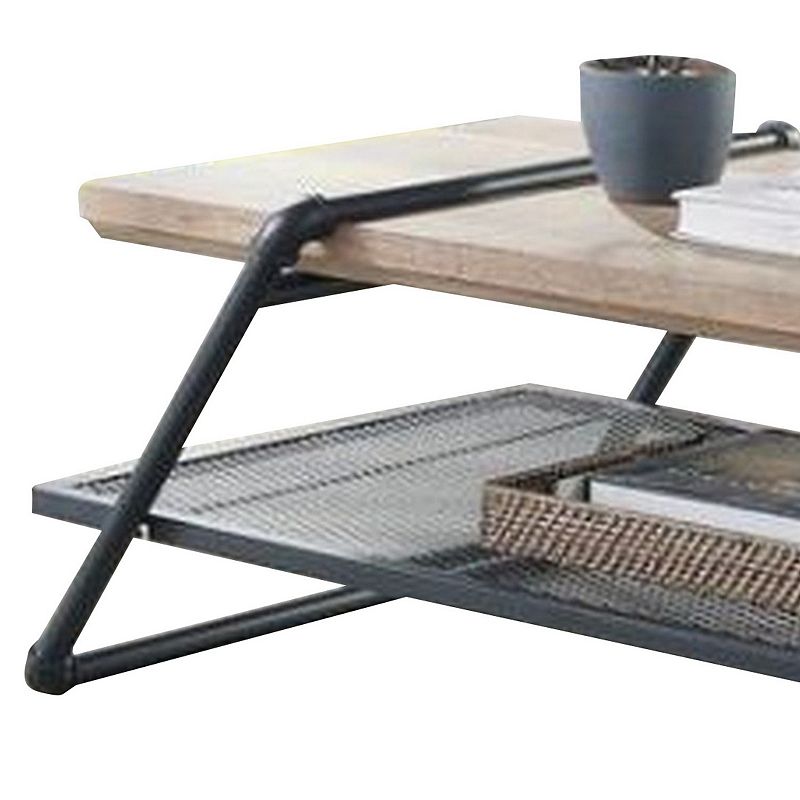 Coffee Table with Wooden Top and Mesh Shelf， Brown and Black