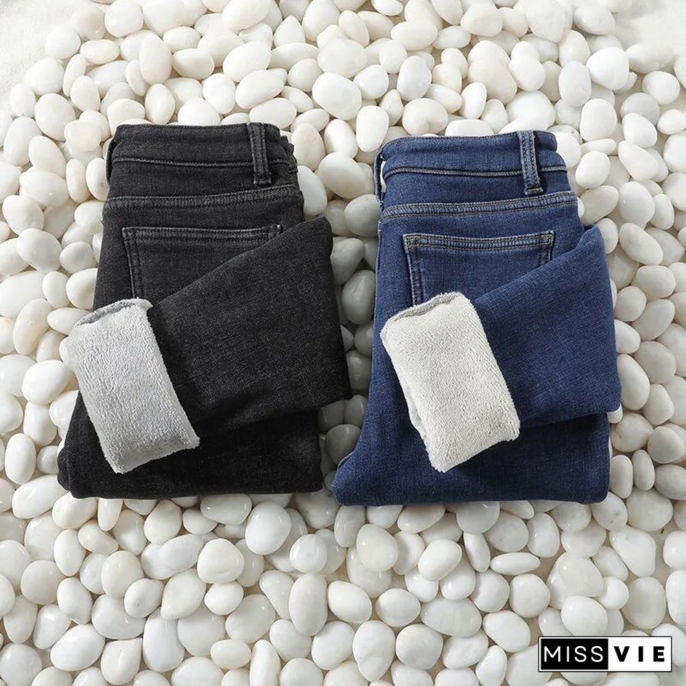 Winter Thick Warm Velvet Pants Female Fashion High Waist Stcaked Jeans Women Slim Fit StretchTrousers Denim Pencil Jean Mujer