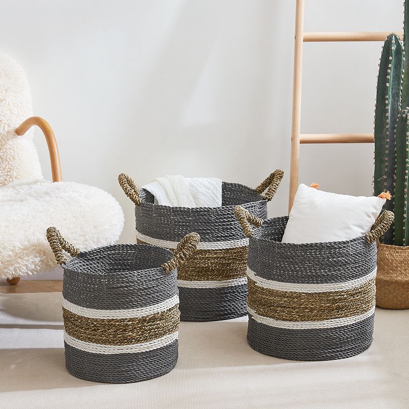 Saddle River Gray Seagrass and Raffia Basket 3-piece Set