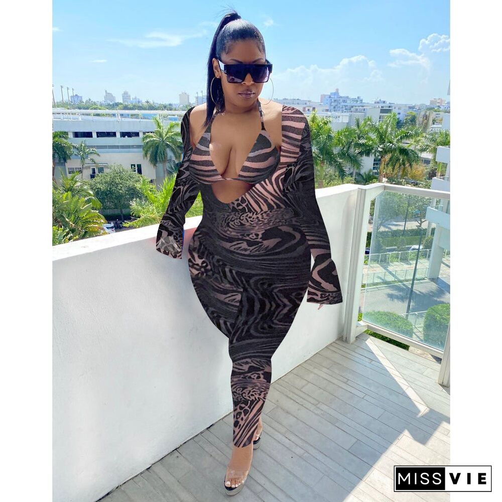 Sexy Beachwear Summer Mesh Print Halter Bra Tops+Full Flare Sleeve V-Neck Bodycon Jumpsuit 2 Piece Set