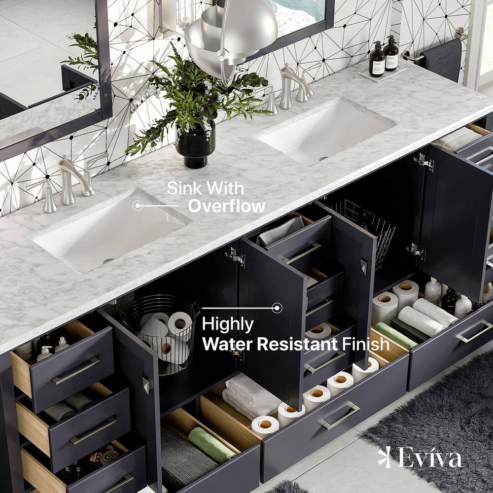 Eviva Storehouse 84 in. W x 22 in. D x 34 in. H Bathroom Vanity in Dark Gray with White Carrara Marble Top with White Sink EVVN416-84DGR