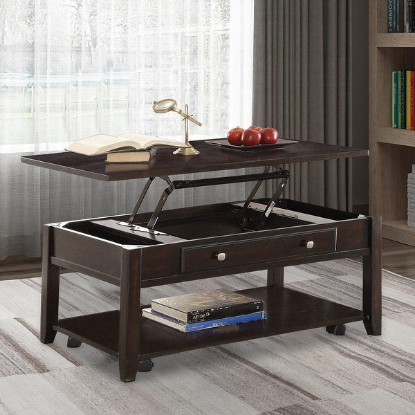 Modern Lift Top Wooden Coffee Table With Storage and Shelf， Walnut Brown