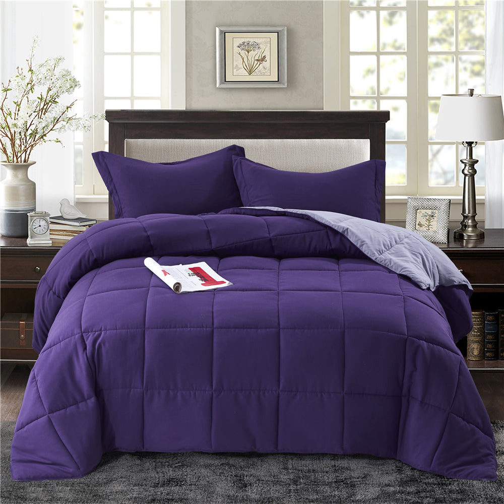 HIG Traditional All Season 3-Piece Comforter Set， Down Alternative Filling， King， Purple