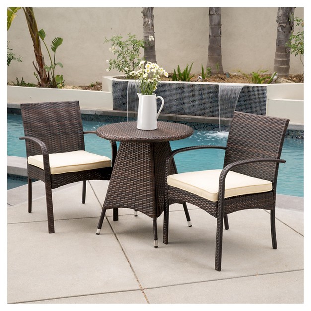 Peterson 3pc Wicker Patio Bistro Set With Cushions Brown Christopher Knight Home