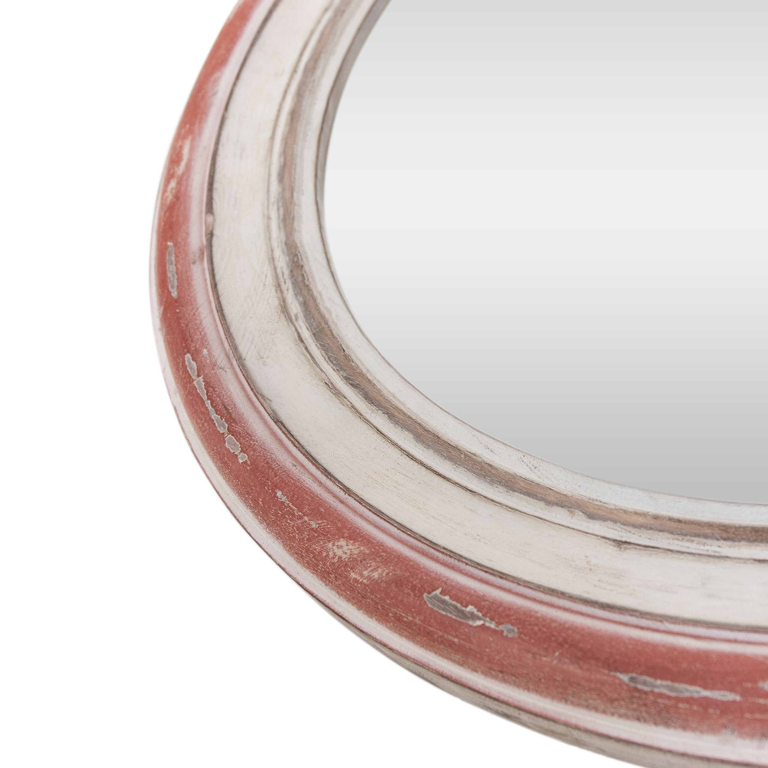 Cosby Camak Boho Wood Round Mirror, Weathered White and Red