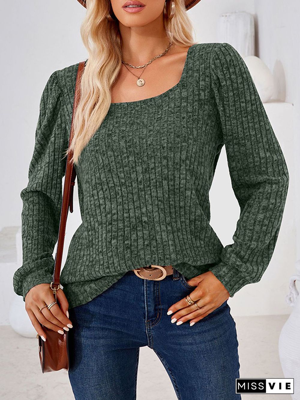 Long Sleeves Loose Solid Color Square-Neck T-Shirts Tops