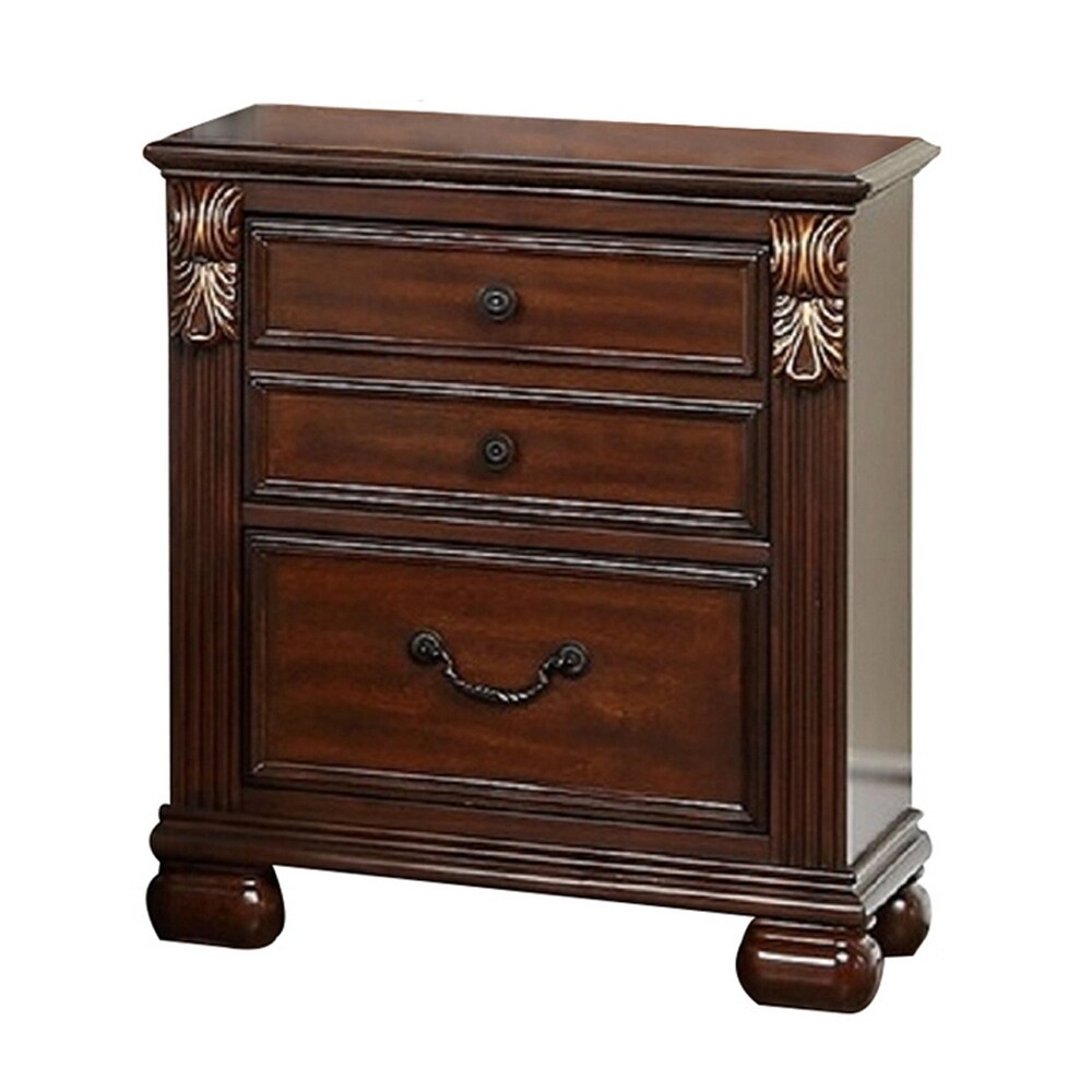 Miri 25 Inch 3 Drawer Nightstand  Brass Carved Accents  Cherry Oak Brown