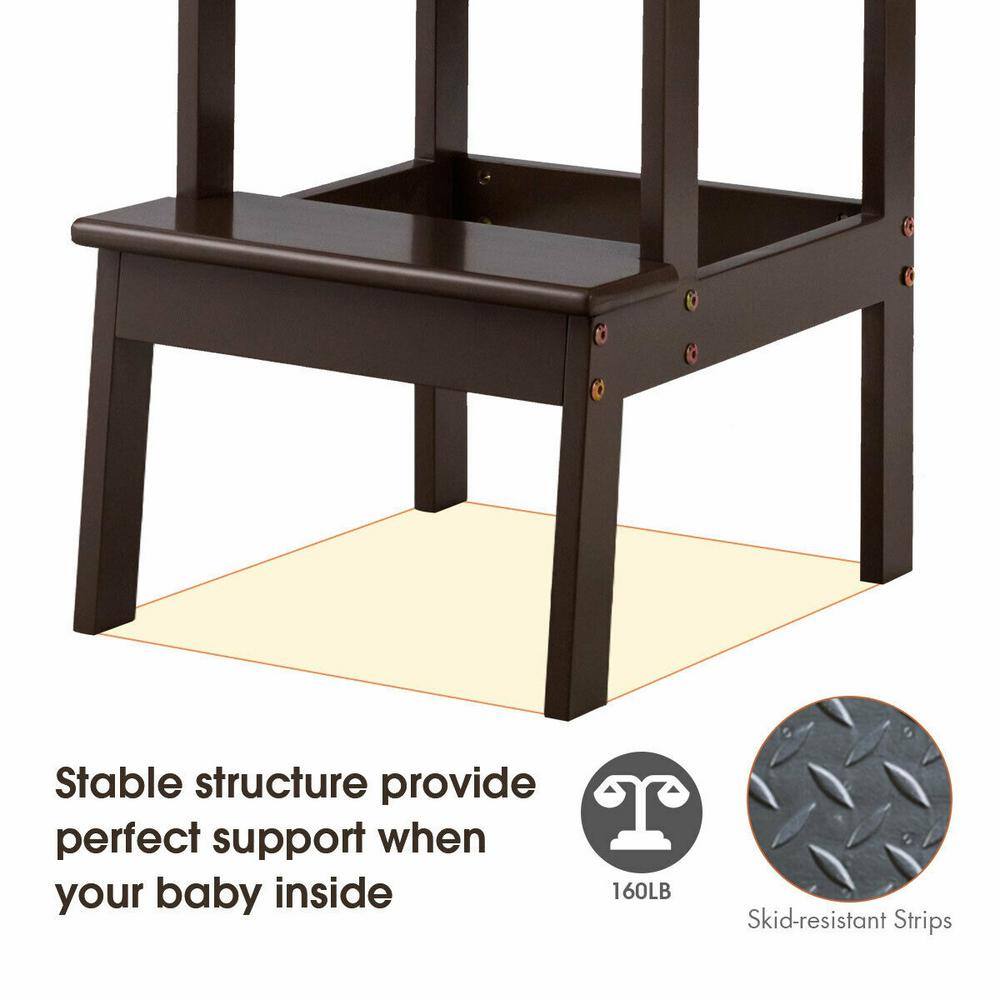 WELLFOR 2-Step Pine Wood Step Stool 330 lbs. Learning Toddler Tower with Safety Rail in Brown BB-HGY-5551CF
