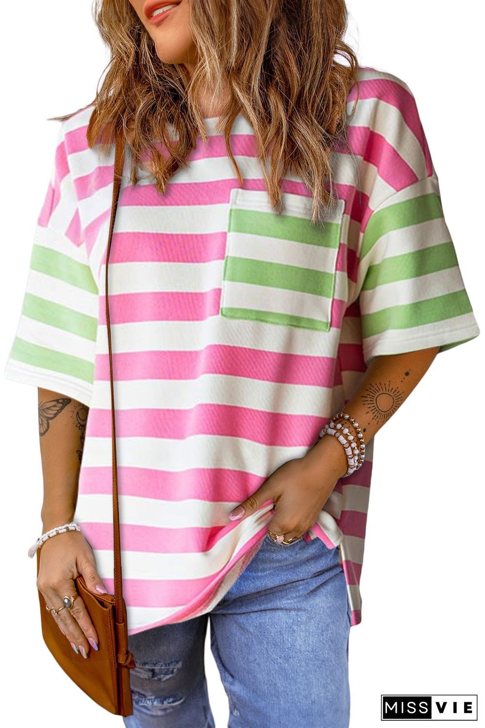 Pink Stripe Contrast Patch Pocket Drop Sleeve T Shirt