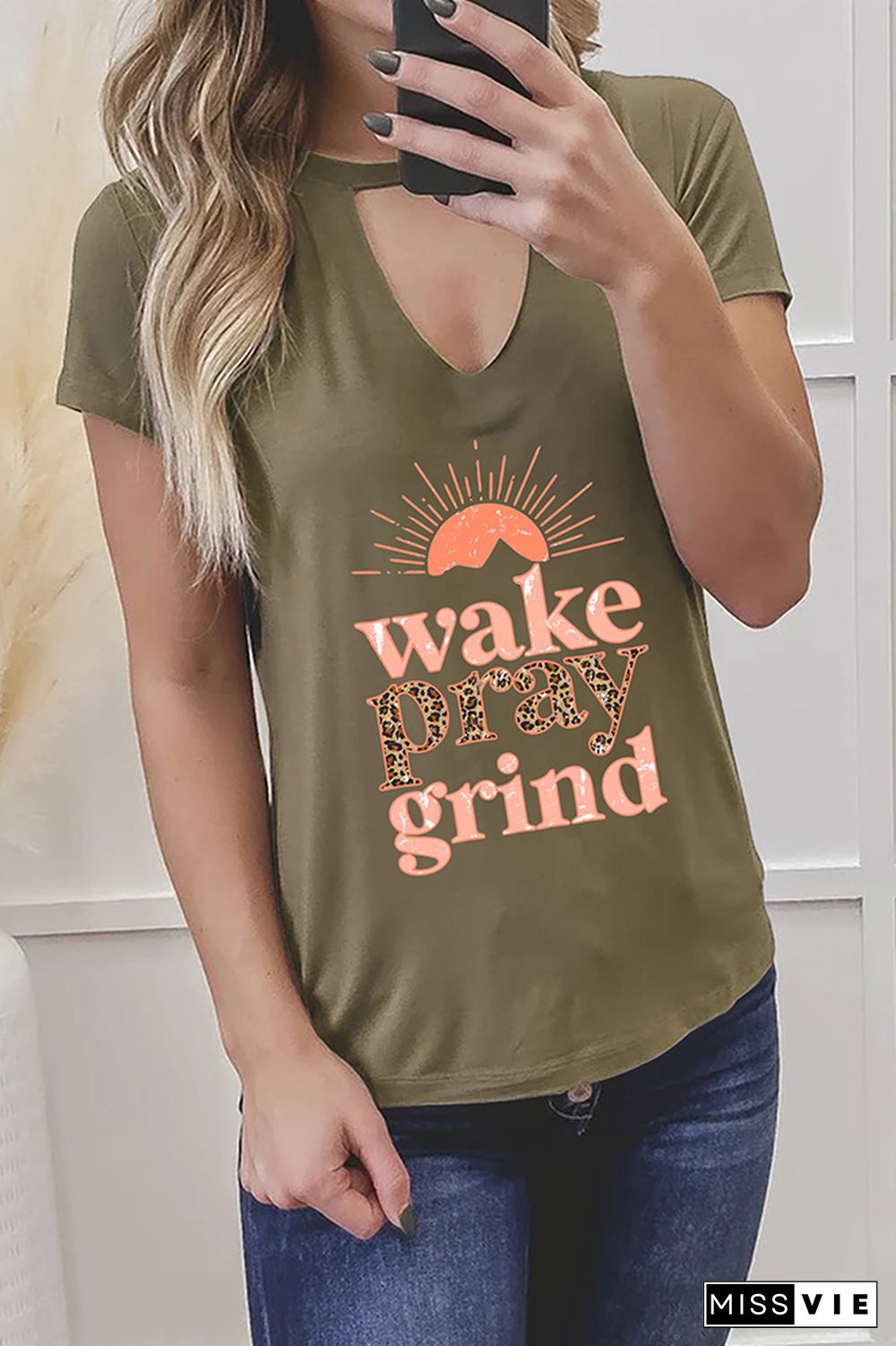 Wake Pray Grind Leopard Graphic Tees for Women Wholesale Short Sleeve T shirts Top