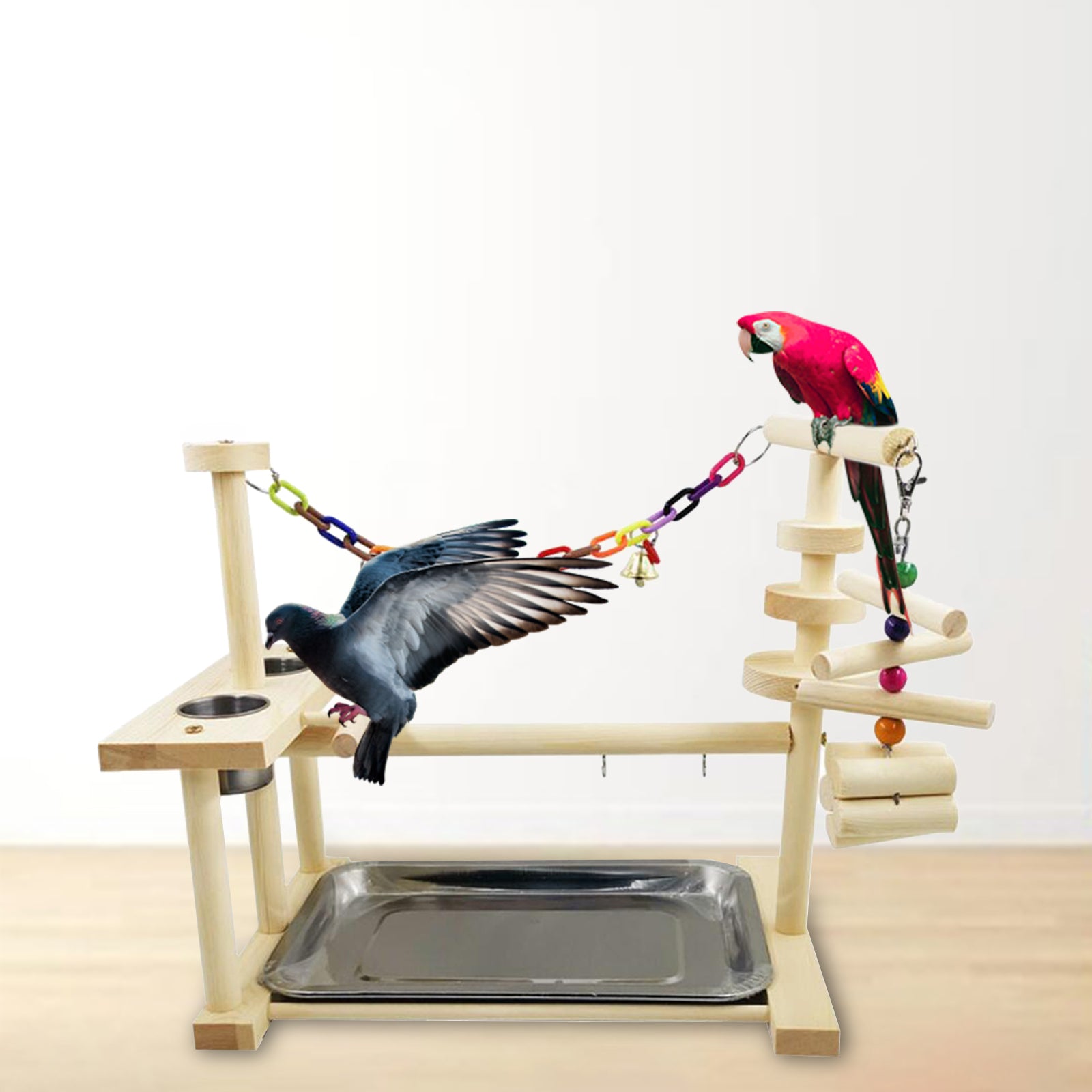 Wooden Parrot Playstand Perch Gym with Feeder Cups Cockatiel Bird Play Stand