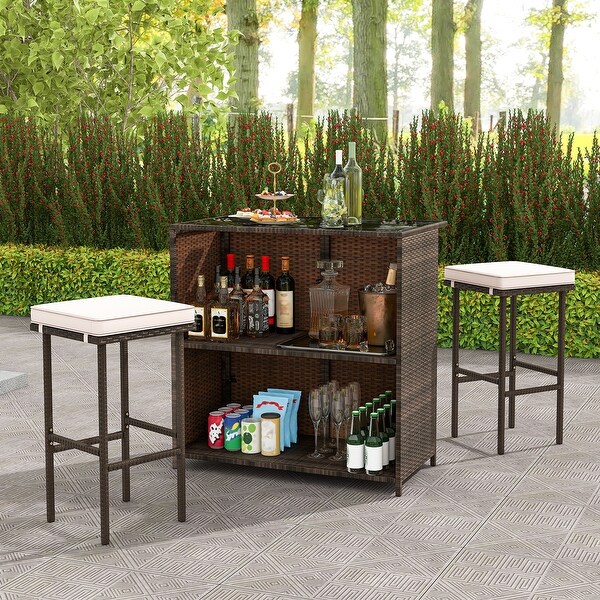 3 Pcs Patio Bar Set with Tempered Glass TabletopBrown