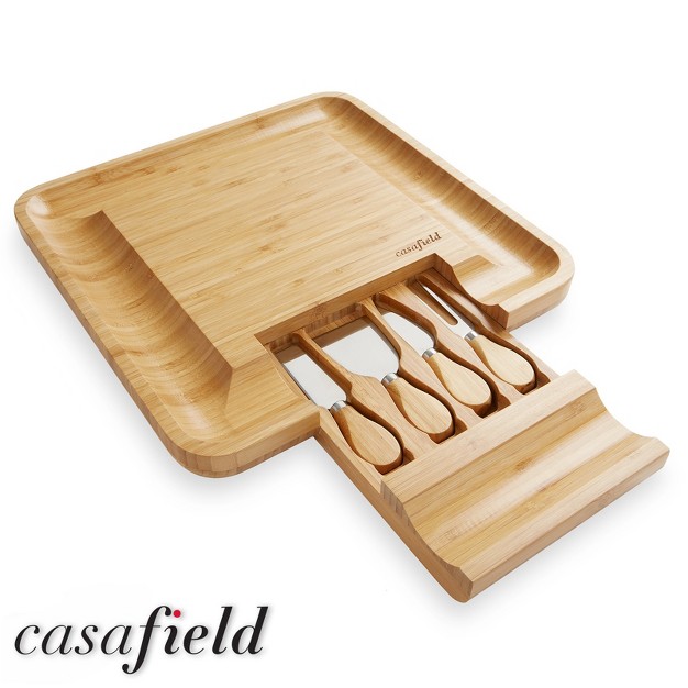 Casafield Bamboo Cheese Cutting Board amp 4pc Knife Gift Set Wooden Charcuterie Serving Tray For Cheese Meat Fruit amp Crackers