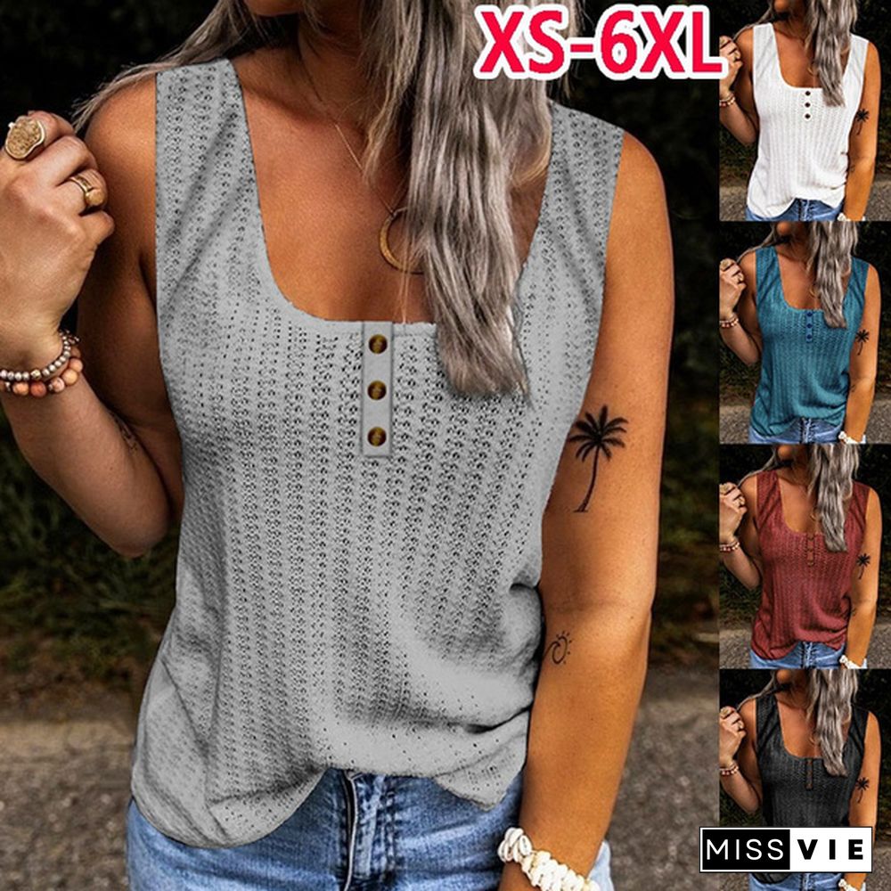 XS-5XL Plus Size Fashion Women Summer Casual Vest Sleeveless Halter Top Solid Color Camisole Ladies Off Shoulder Button-down Shirts Loose Cami Tank Tops