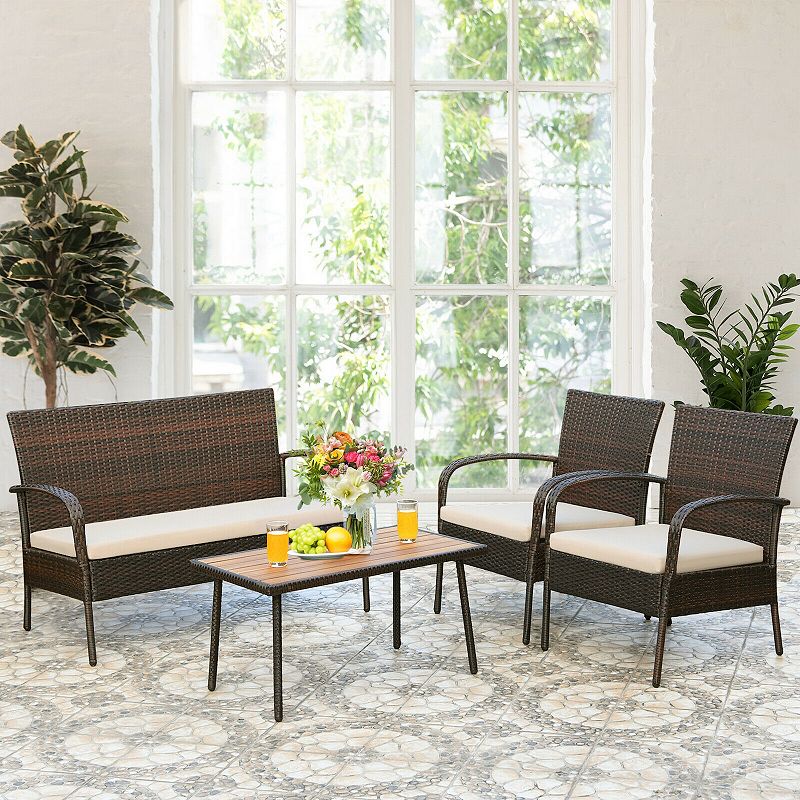 4 Pieces Patio Cushioned Wicker Conversation Set with Acacia Wood Tabletop