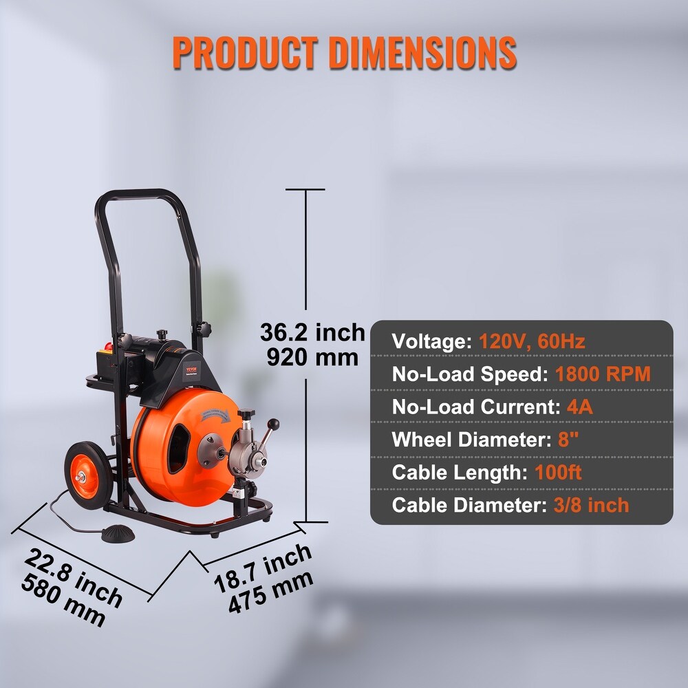 VEVOR 1800rpm Drain Cleaning Machine Sewer Auger Auto Feed with 4 Cutter Air activated Foot Switch for 1\