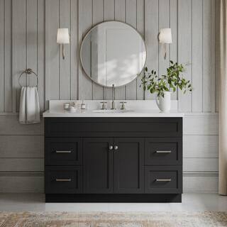 ARIEL Hamlet 55 in. W x 22 in. D x 36 in. H Bath Vanity in Black with White Quartz Vanity Top with White Basin F055SWQOVOBLK