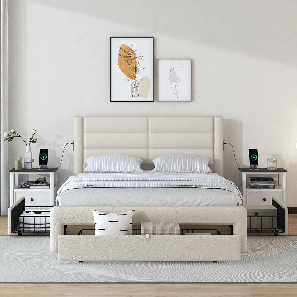 Queen Size Platform Bed Frame with Drawers Storage  Leather Upholstered Platform Bed Frame with Charging Station