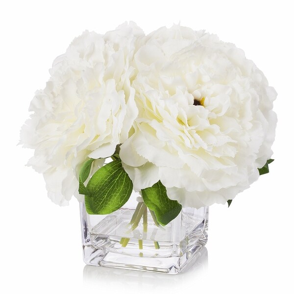 Enova Home Artificial Silk Peony Fake Flowers Arrangement in Cube Glass Vase with Faux Water for Home Wedding Decoration