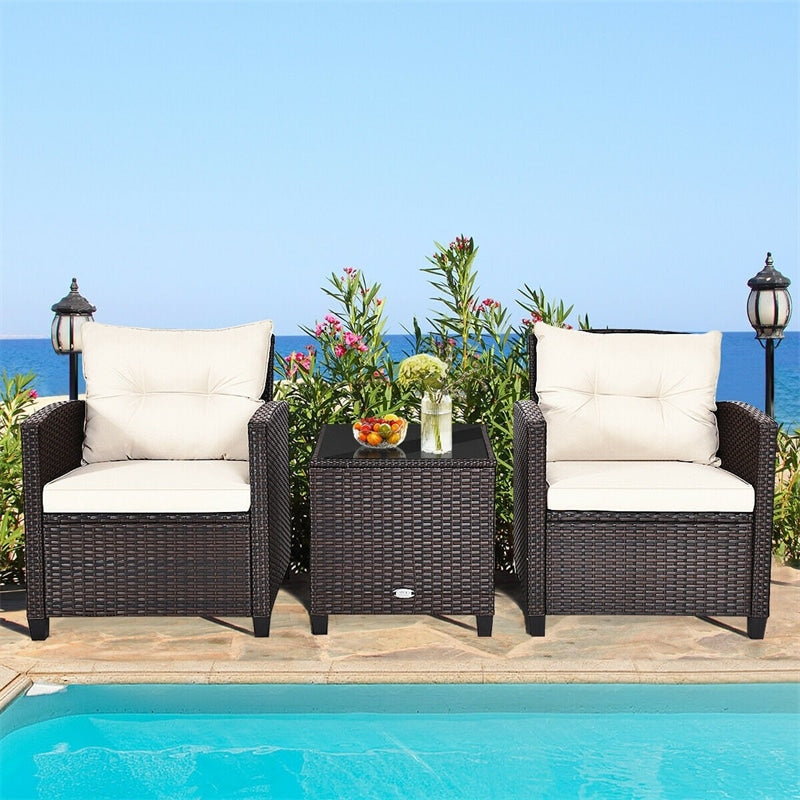 3 Pieces Patio Rattan Furniture Set Outdoor Wicker Conversation Set with Washable Cushion and Coffee Table