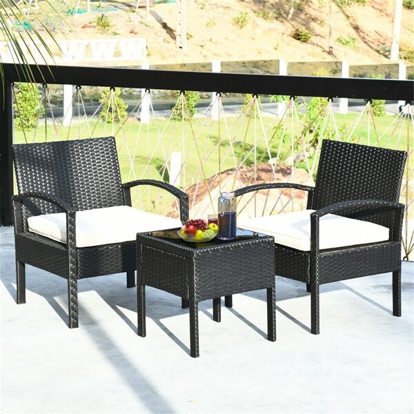 3 Pieces Outdoor Rattan Patio Conversation Set with Seat Cushions -  - 37563811