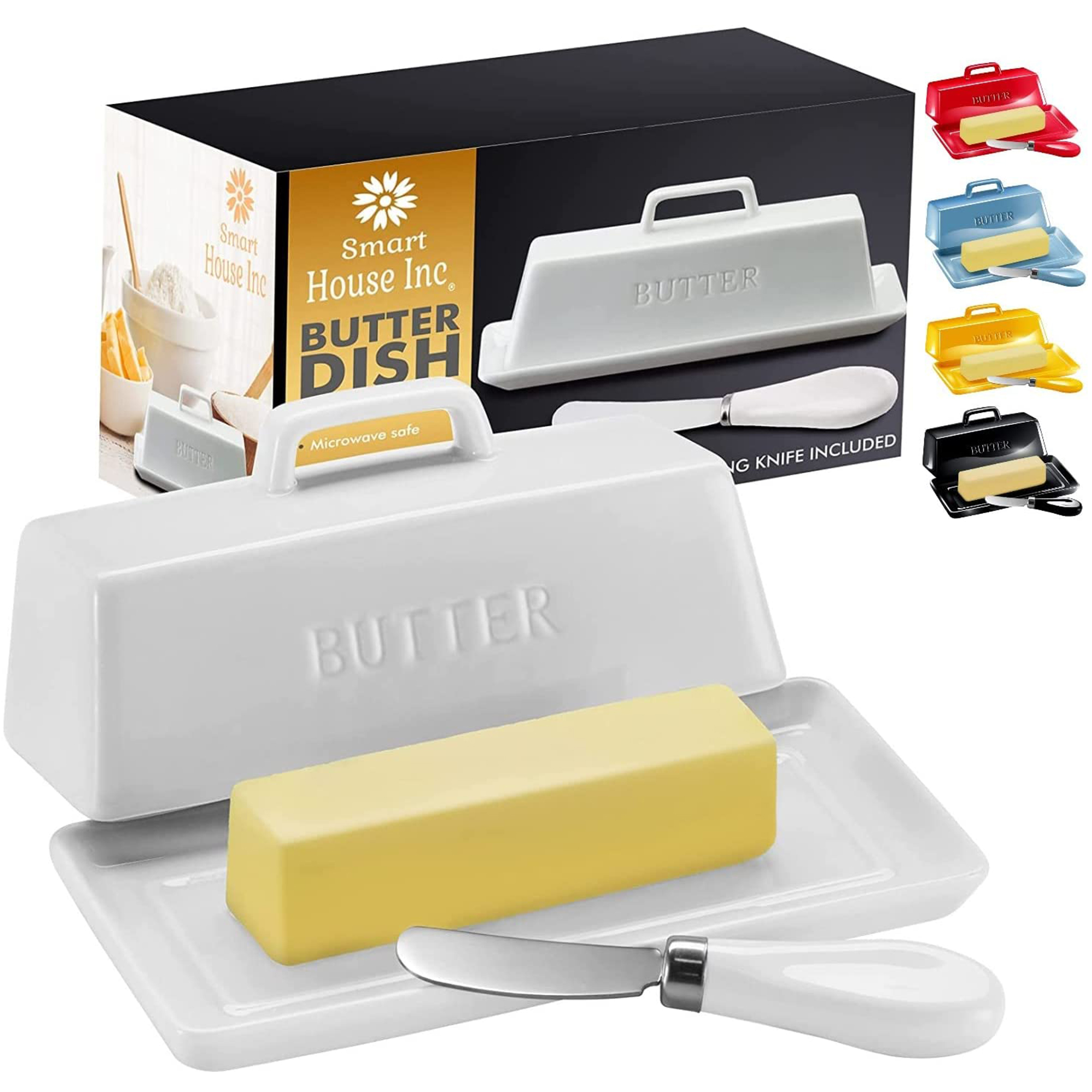 Smart House Inc White Ceramic Butter Dish Set with Lid and Butter Knife