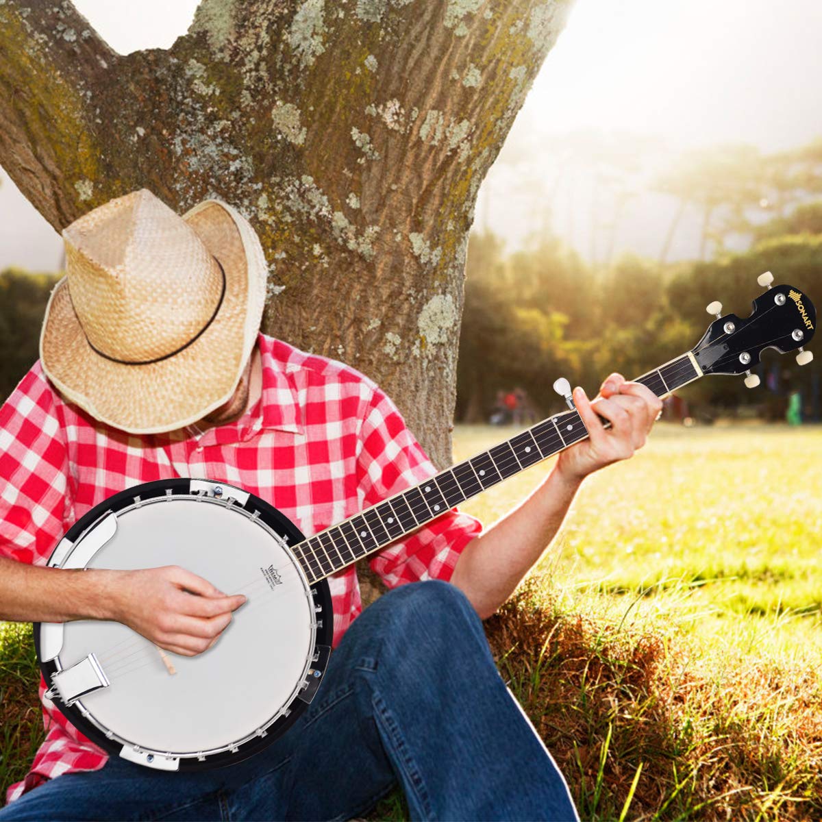 5-String Banjo 24 Bracket with Geared 5th tuner and Mid-range Closed Handle, Include 420D Oxford Cloth Bag, One Strap, Wiper, 3 Picks for Beginners