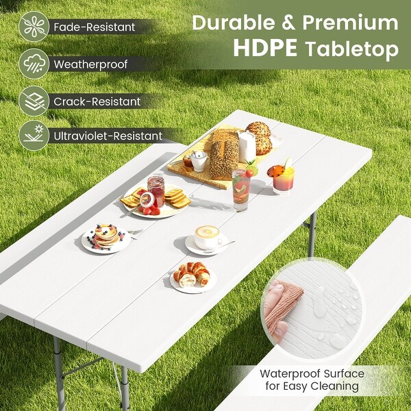 Folding Picnic Table Set with Metal Frame and AllWeather HDPE Tabletop，Umbrella Hole