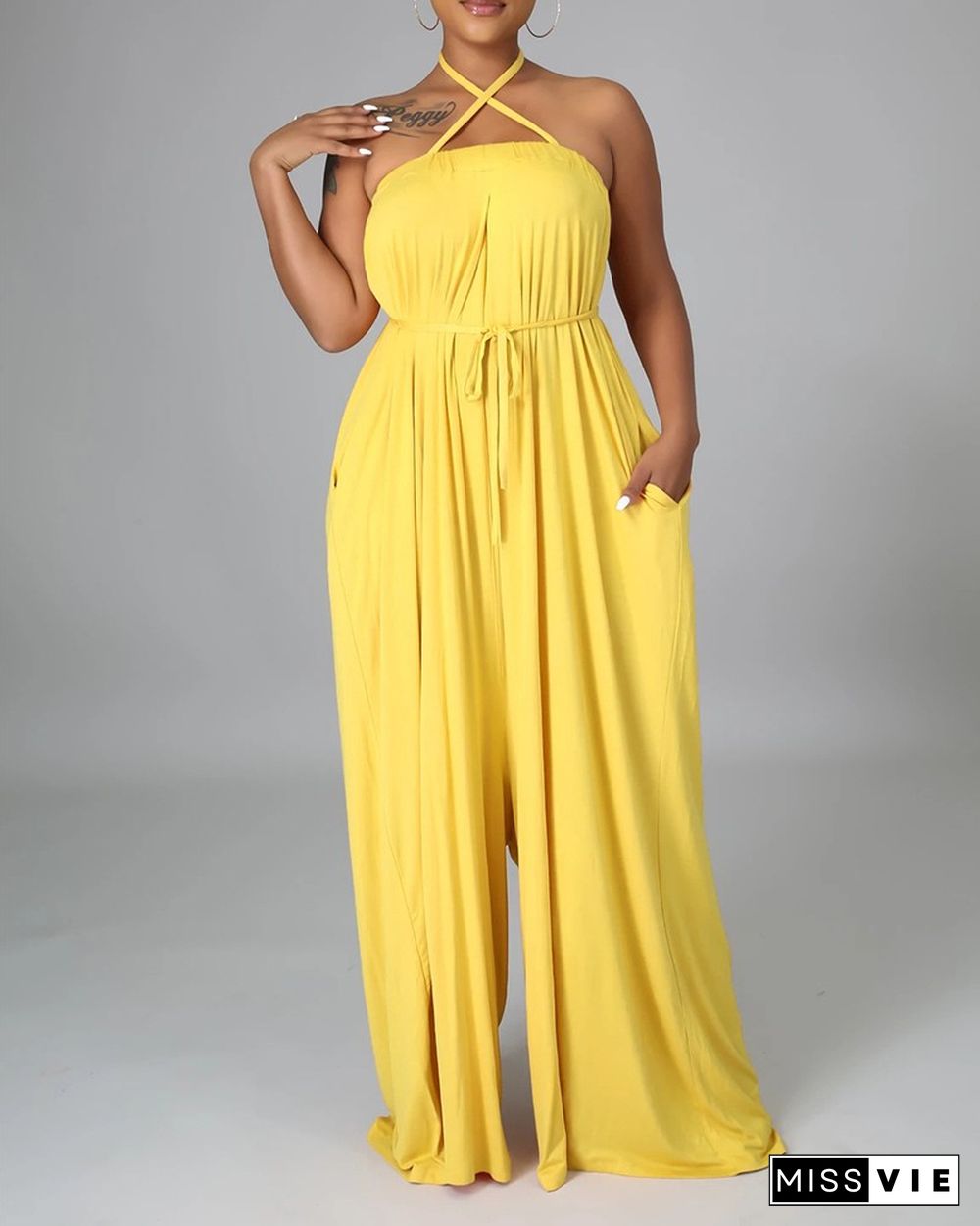 Solid Color Sleeveless Pocket Self Tie Wide Leg Jumpsuit