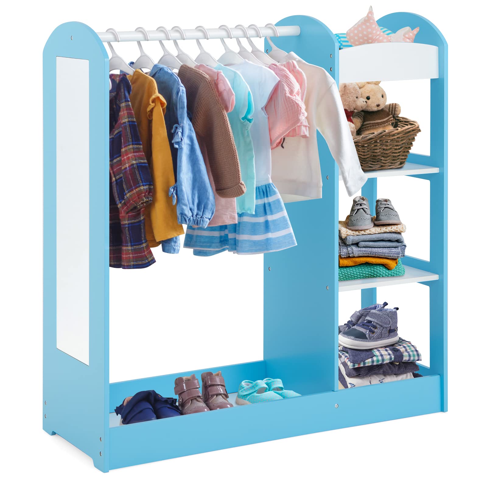 Costzon Kids Dress up Storage with Mirror, Clothes Rack, 3-Tier Shelves