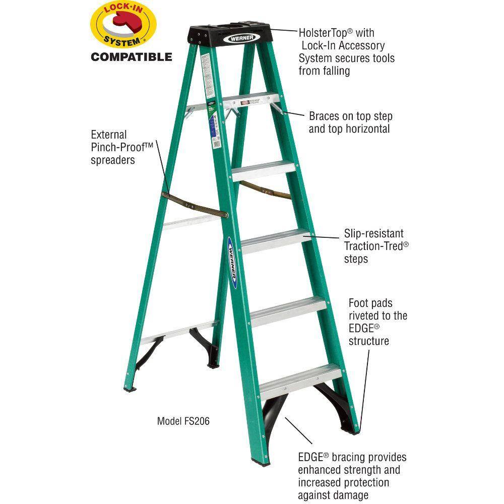 Werner 6 ft. Fiberglass Step Ladder with 225 lb. Load Capacity Type II Duty Rating FS206