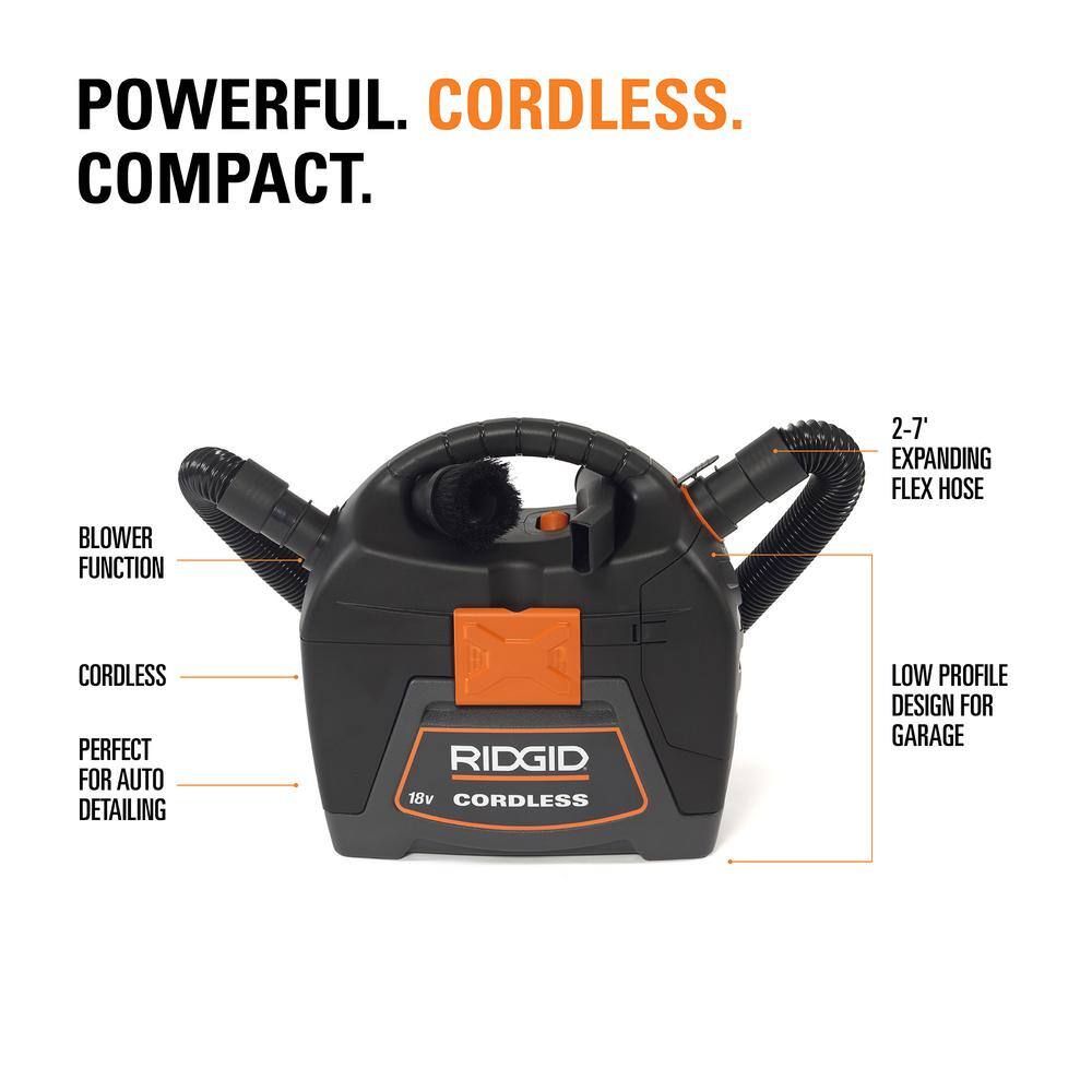 RIDGID 3 Gallon 18-Volt Cordless Handheld WetDry Shop Vacuum (Tool Only) with Filter Expandable Locking Hose and Accessories WD0319