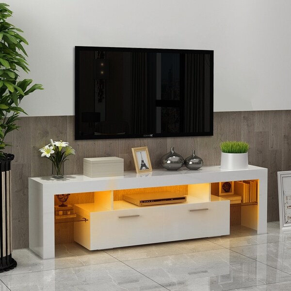 61 inandUp Morden High Glossy RGB LED TV Stand with 2 Drawerand2 Glass Shelf TV Cabinet Entertainment Center