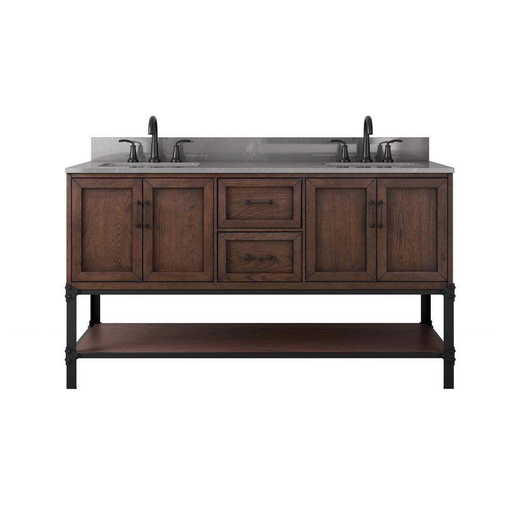 Home Decorators Collection Alster 60in. W x 22in. D x 35in. H Double Vanity in Brown Oak with Engineered Calacatta Grey Marble Top and White Sinks TJ-0401V6022BR