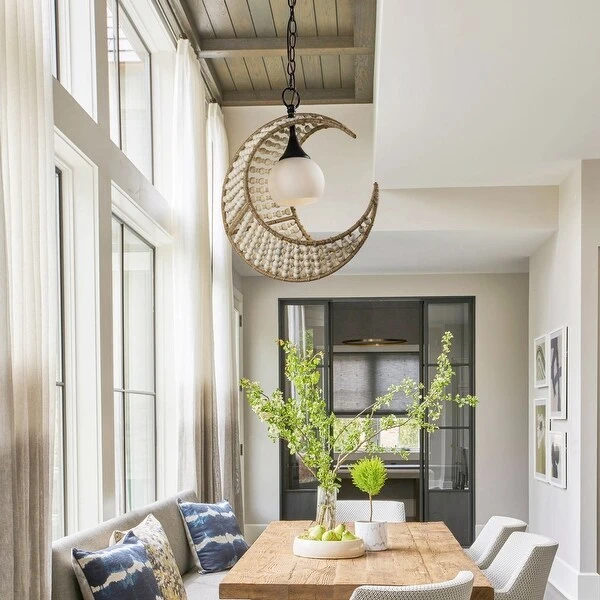 Farmhouse 1-light Crescent Wood Beaded Pendant Chandelier Shopping - The Best Deals on Chandeliers