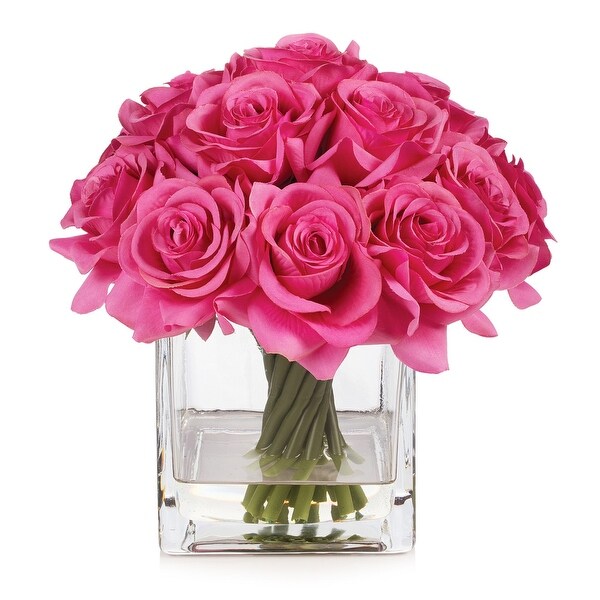 Enova Home Artificial Silk Rose Flowers in Cube Glass Vase with Faux Water for Home Office Decoration