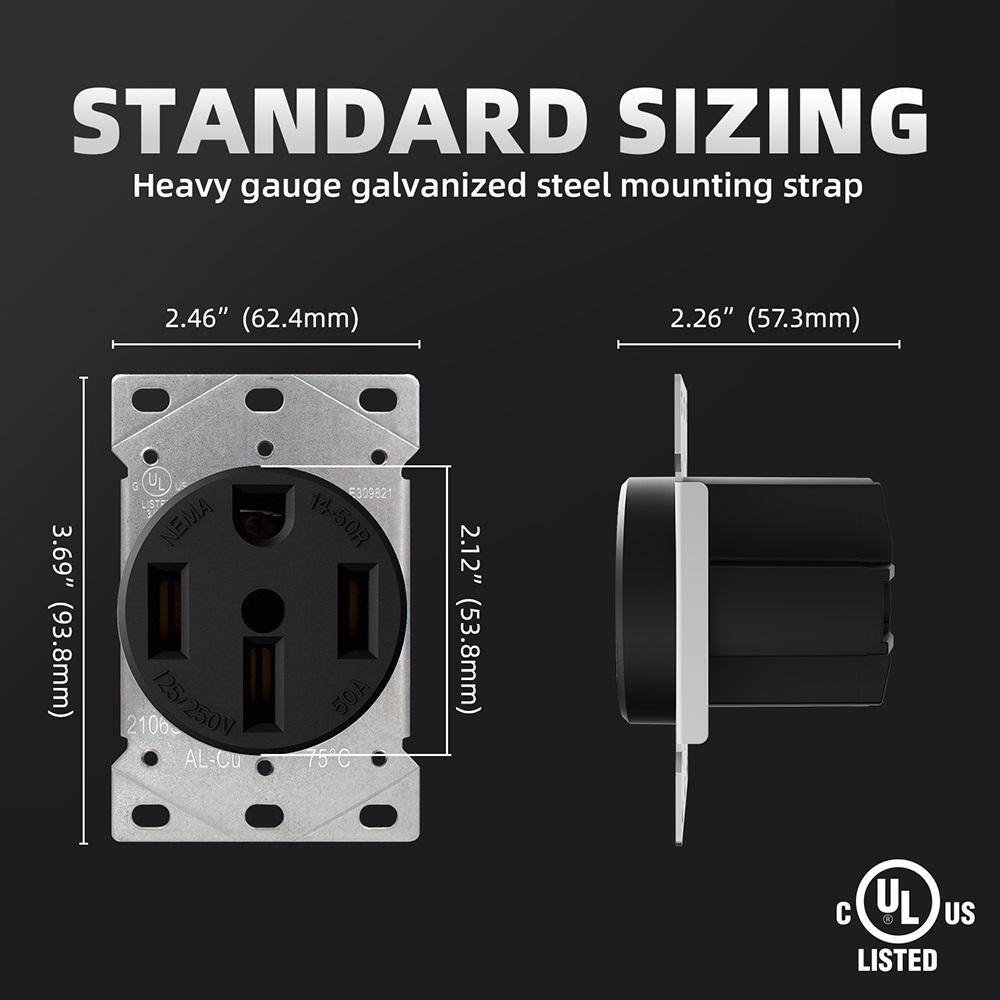 ELEGRP 50 Amp 125250V NEMA 14-50R Flush Mount Power Outlet Single Straight Blade Range and Dryer Outlet Grounding Black 2106S