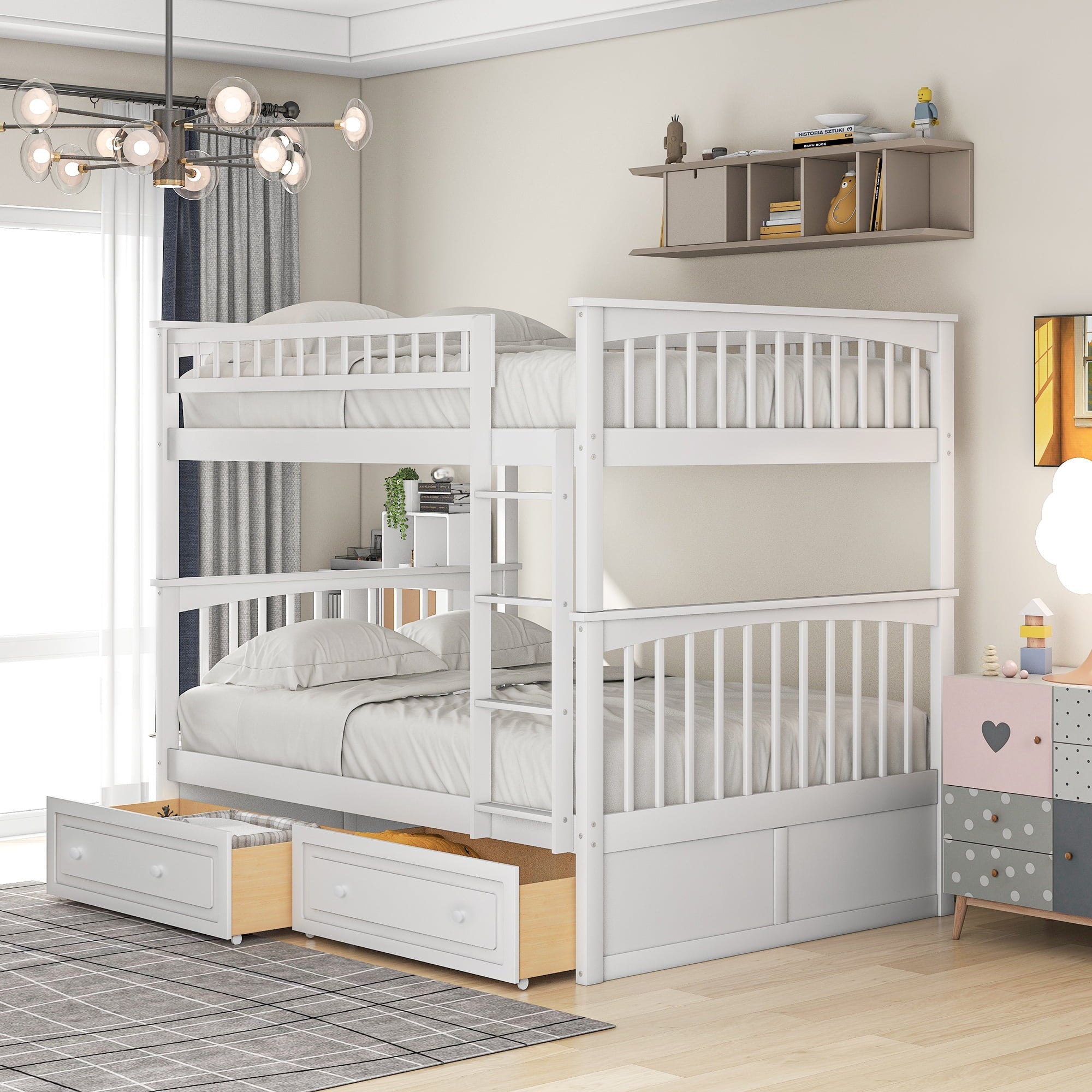 Euroco Pine Wood Bunk Bed With Storage, Full-Over-Full, White