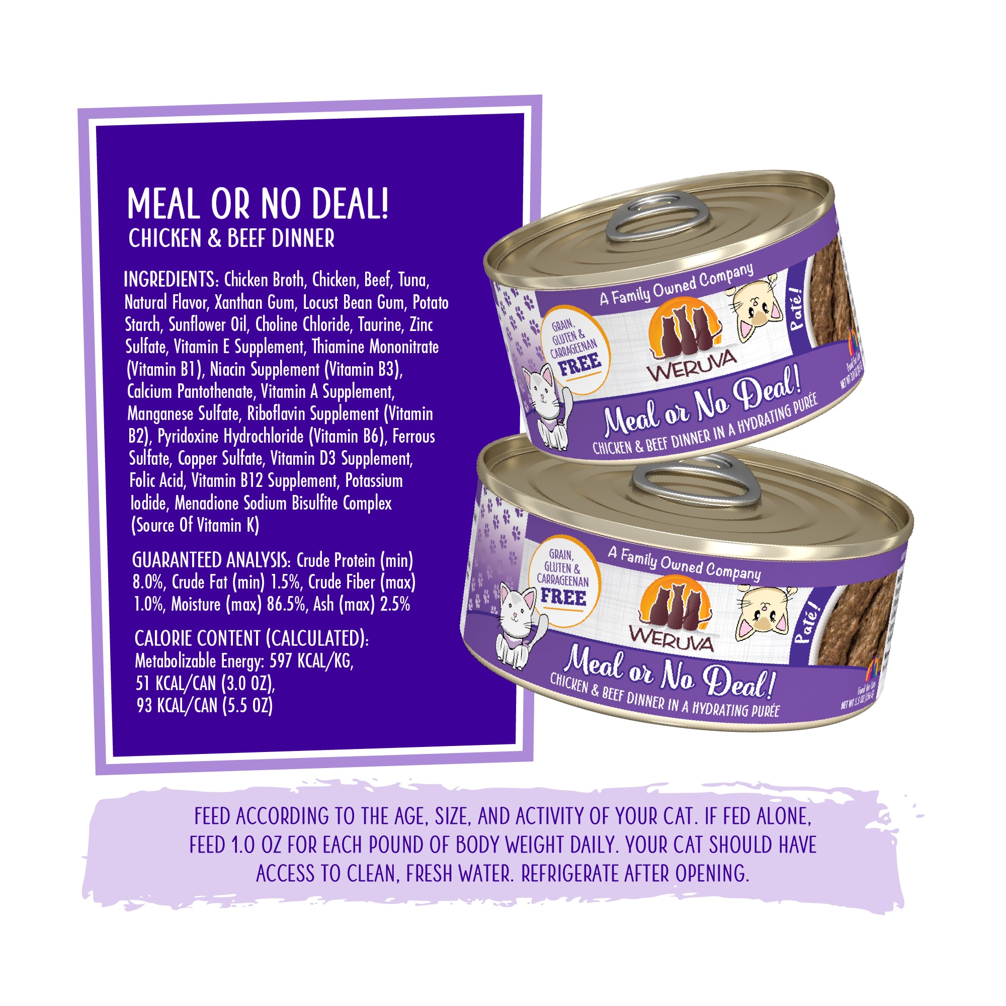 Weruva Pate Meal or No Deal! Chicken  Beef Dinner in a Hydrating Puree Wet Cat Food， 3 oz.， Case of 12