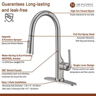 Mondawe Single-Handle Standard High Arc Pull Down Sprayer Kitchen Faucet Deck Mount Kitchen Faucet in Brushed Nickel MD-D47-BN