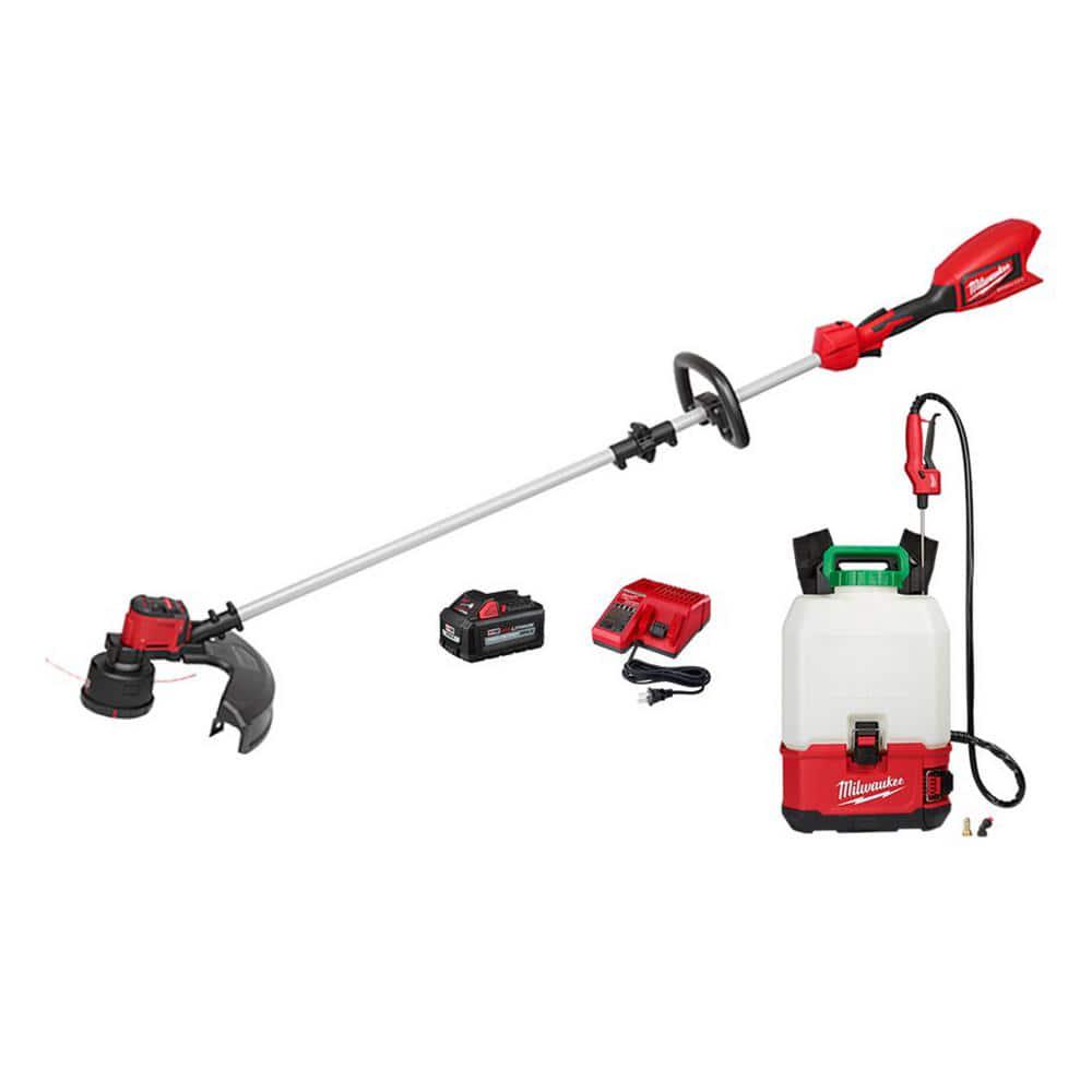 Milwaukee M18 18 V Lithium Ion Brushless Cordless String Trimmer 60Ah Kit and M18 4 Gal Switch Tank Backpack Pesticide Sprayer